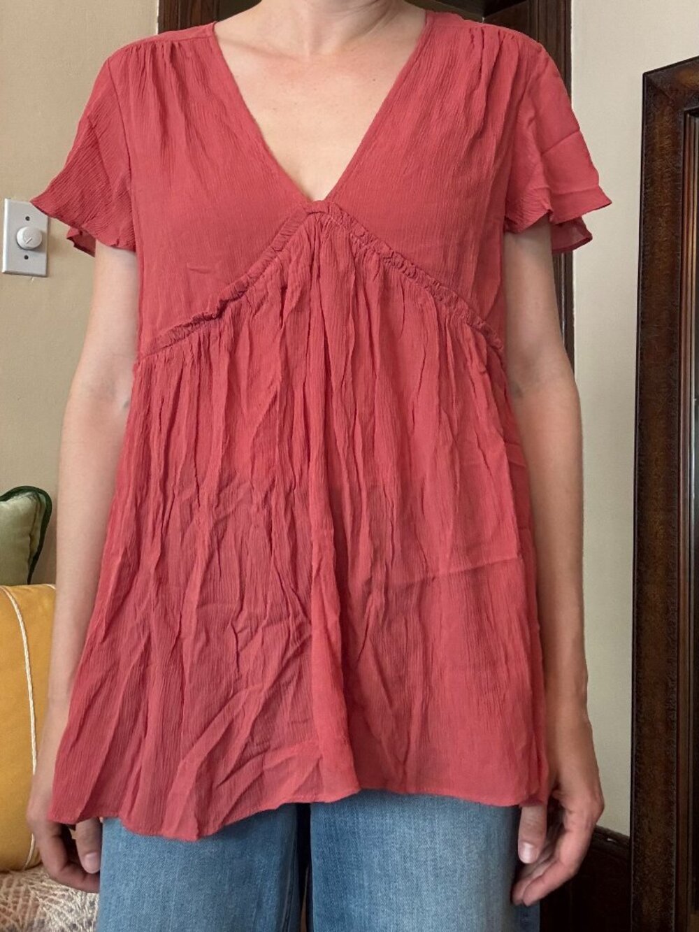 Matilda Jane Clothing Coral Babydoll Peasant Top, Flowy Gauze V-neck